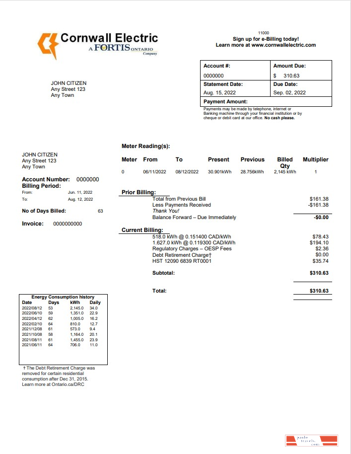 USA Cornwall Electric utility bill template in Word and PDF format